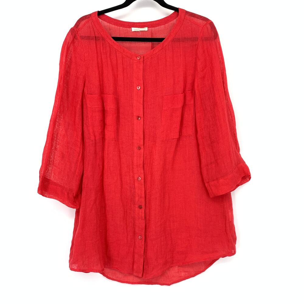 Eileen Fisher Button Front Linen Blouse 3/4 Sleeve Apx M Red Pockets Semi Sheer